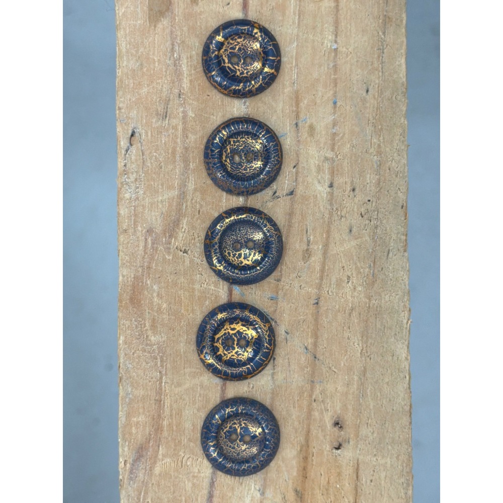 Vtg Navy Blue and Copper Tone Crackle Round Metal Buttons Set of 5 Two-Hole 18mm